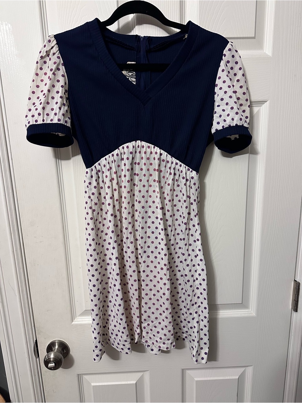 Vintage 70s Oops California Navy and White Polka Dot  Dress